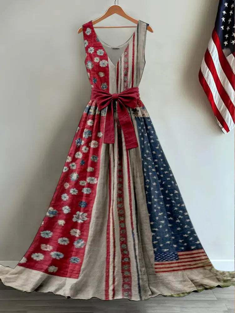 Retro American Flag Applique Floral Art Print V-Neck Sleeveless Cotton Maxi Dress A / S