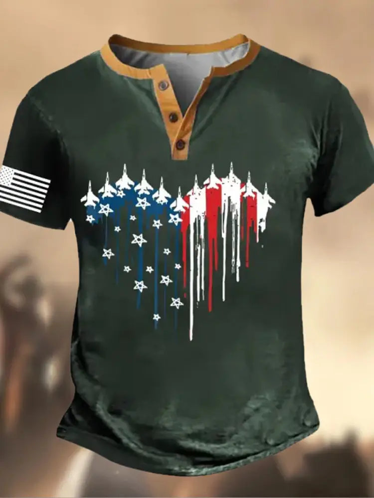 Retro American Flag Independence Day Printed Athletic Fastener V-Neck Short Sleeves Henley Shirt B / S