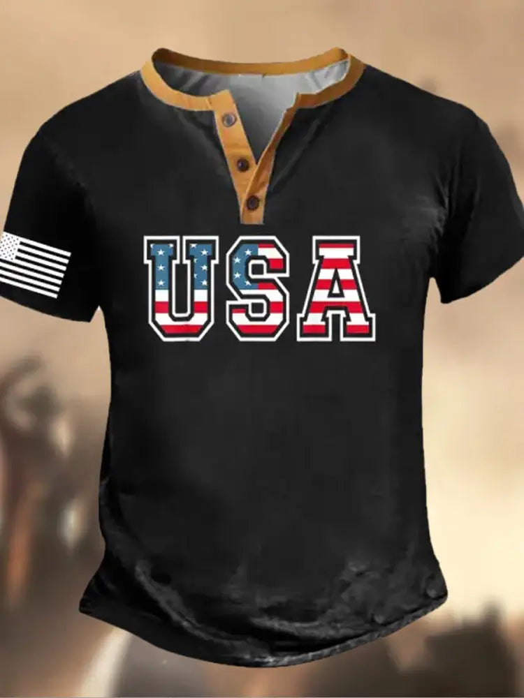 Retro American Flag Independence Day Printed Athletic Fastener V-Neck Short Sleeves Henley Shirt B / S