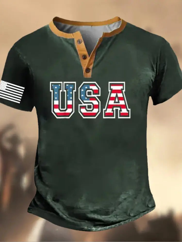 Retro American Flag Independence Day Printed Athletic Fastener V-Neck Short Sleeves Henley Shirt C / S