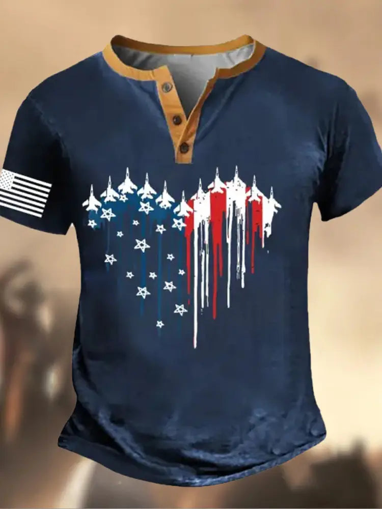 Retro American Flag Independence Day Printed Athletic Fastener V-Neck Short Sleeves Henley Shirt C / S