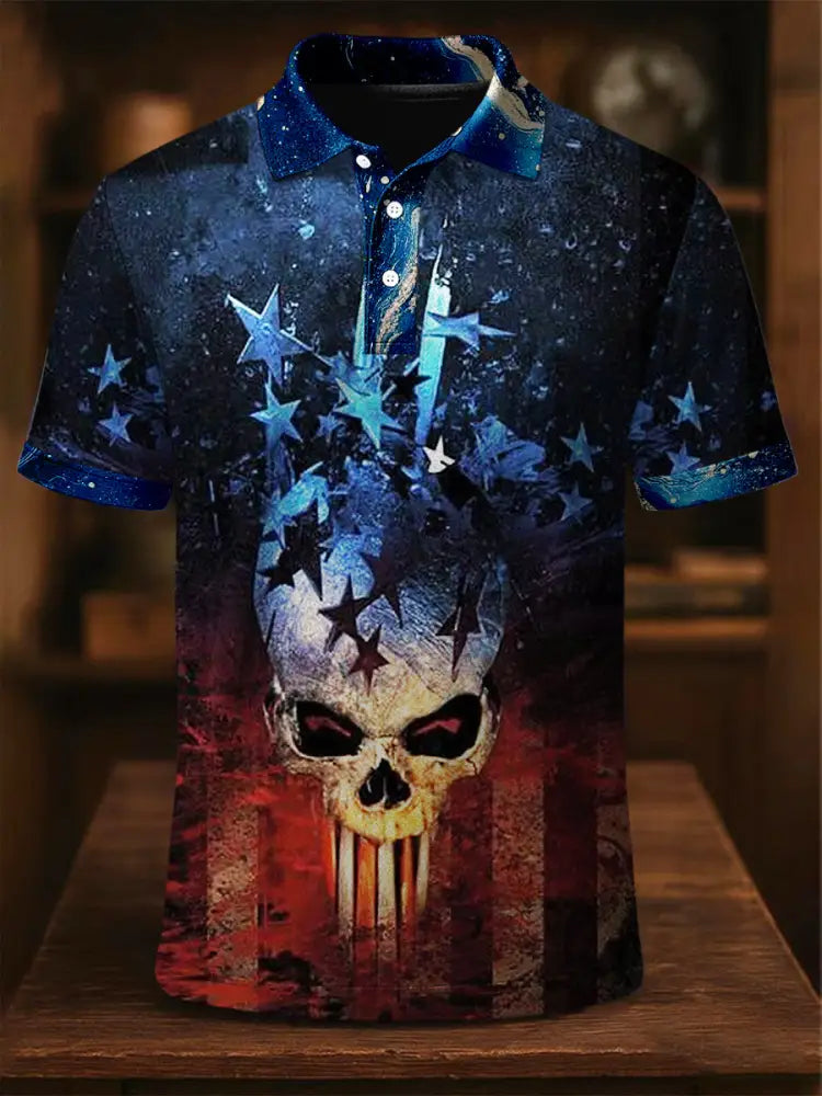 Retro American Flag Skull Art Printed Athletic Retro Style V-Neck Short Sleeves Polo-Shirt A / S