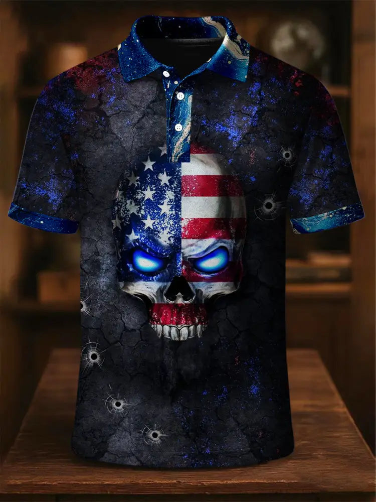 Retro American Flag Skull Art Printed Athletic Retro Style V-Neck Short Sleeves Polo-Shirt A / S