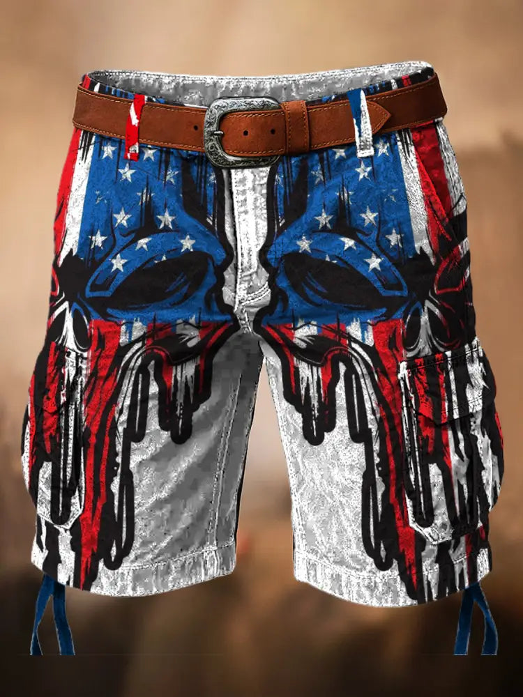 Retro American Flag Skull Art Printed Texture Drawstring Pocket Casual Cargo Shorts A / S
