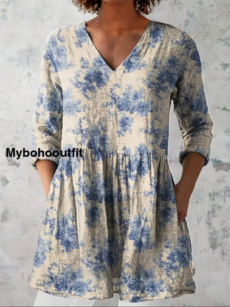 Retro Bohemian Floral Print Vintage Casual Cotton V Neck Long Sleeve T-Shirt A / S