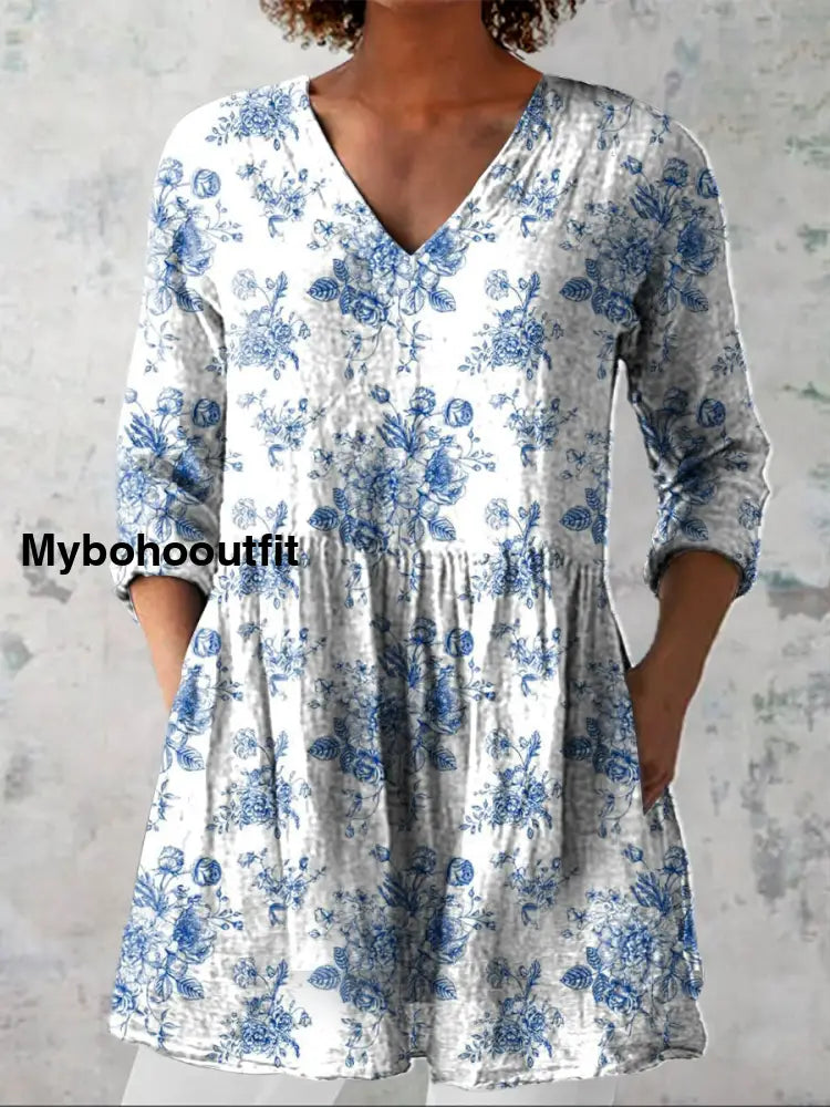 Retro Bohemian Floral Print Vintage Casual Cotton V Neck Long Sleeve T-Shirt A / S