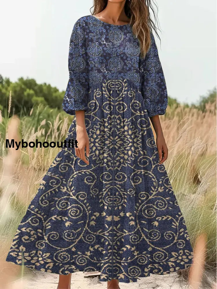 Retro Boho Art Print Vintage Chic Round Neck Cotton Long Sleeve Midi Dress A / S