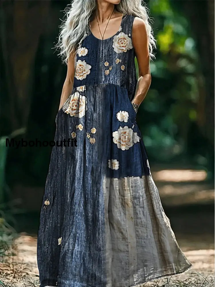 Retro Boho Floral Applique Art Print Round Neck Sleeveless Cotton Pocket Dress A / S
