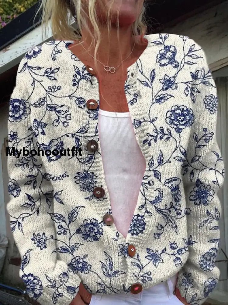 Retro Boho Floral Art Print Buttoned Casual Long-Sleeved Knit Cardigan Sweater A / S