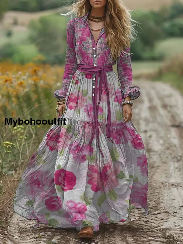 Retro Boho Floral Art Print Vintage Chic V-Neck Belt Elegan Long Sleeve Midi Dress A / S