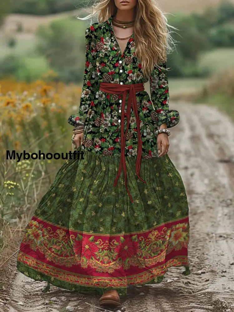 Retro Boho Floral Art Print Vintage Chic V-Neck Button Belt Long Sleeve Midi Dress A / S