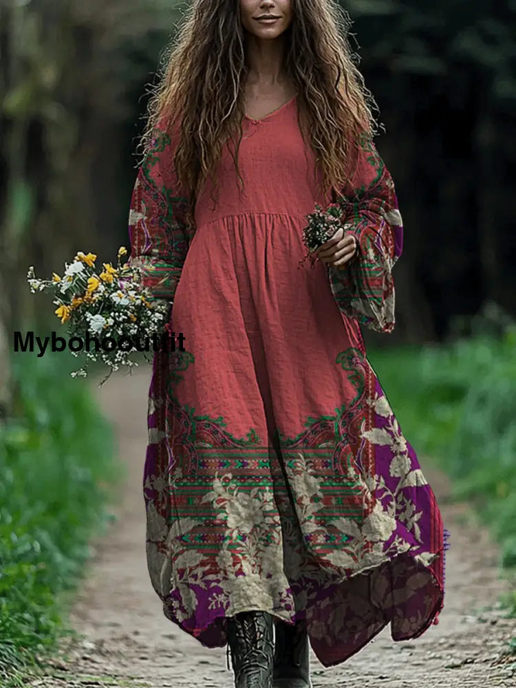 Retro Boho Floral Art Print Vintage Chic V-Neck Cotton Long Sleeve Midi Dress A / S