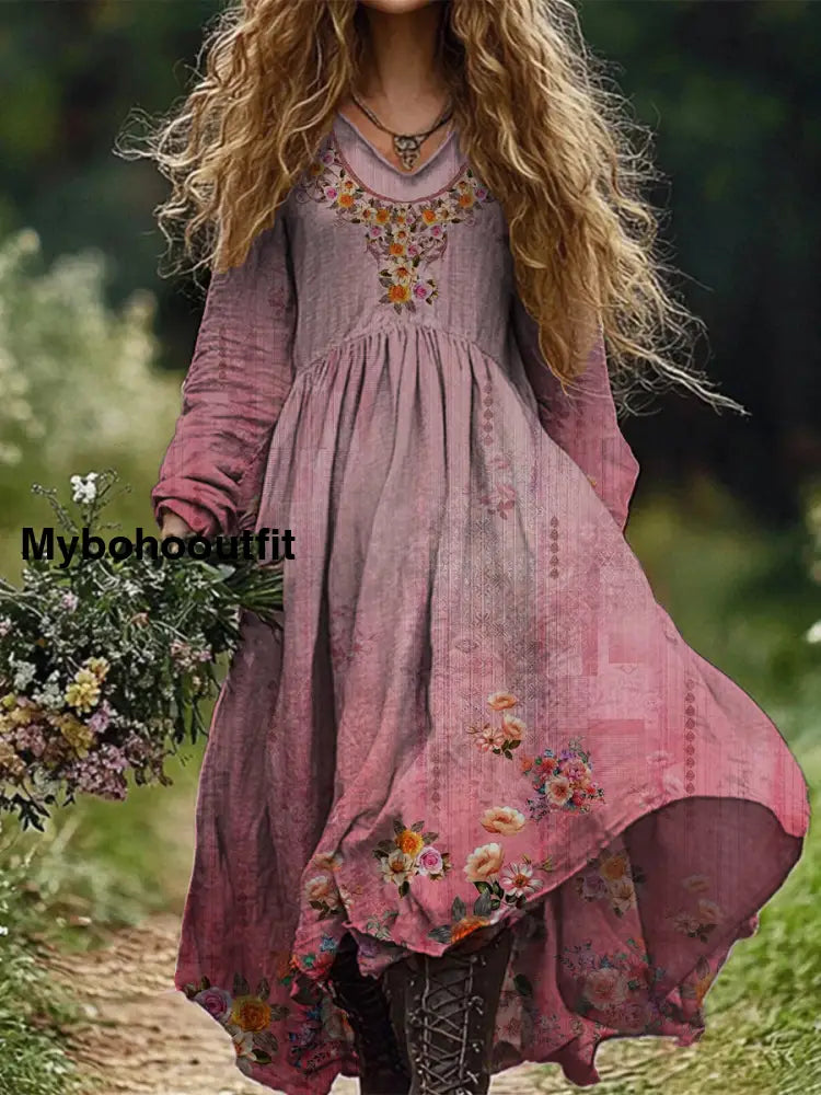 Retro Boho Floral Art Print Vintage Chic V-Neck Long Sleeve Midi Dress A / S