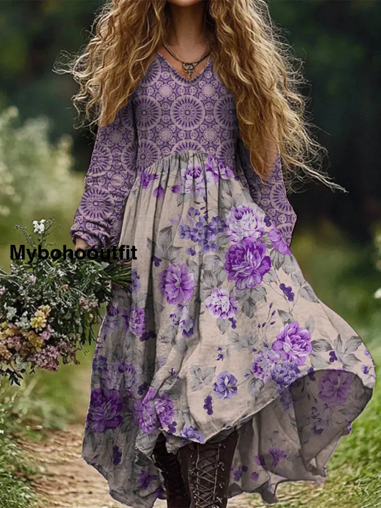 Retro Boho Floral Art Print Vintage Chic V-Neck Long Sleeve Midi Dress A / S