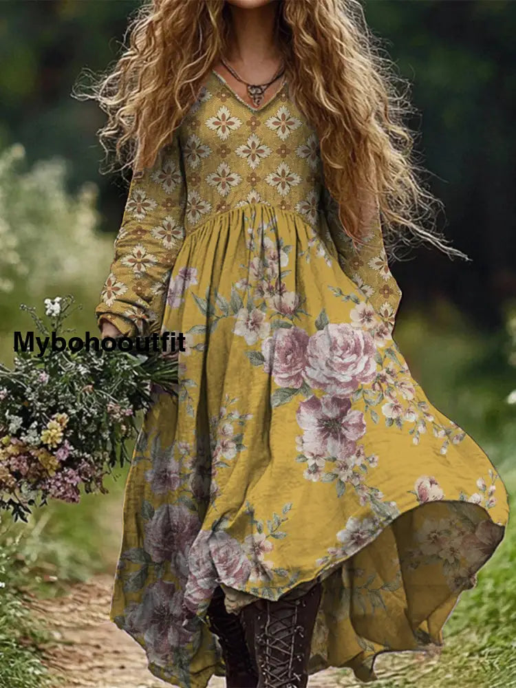 Retro Boho Floral Art Print Vintage Chic V-Neck Long Sleeve Midi Dress A / S