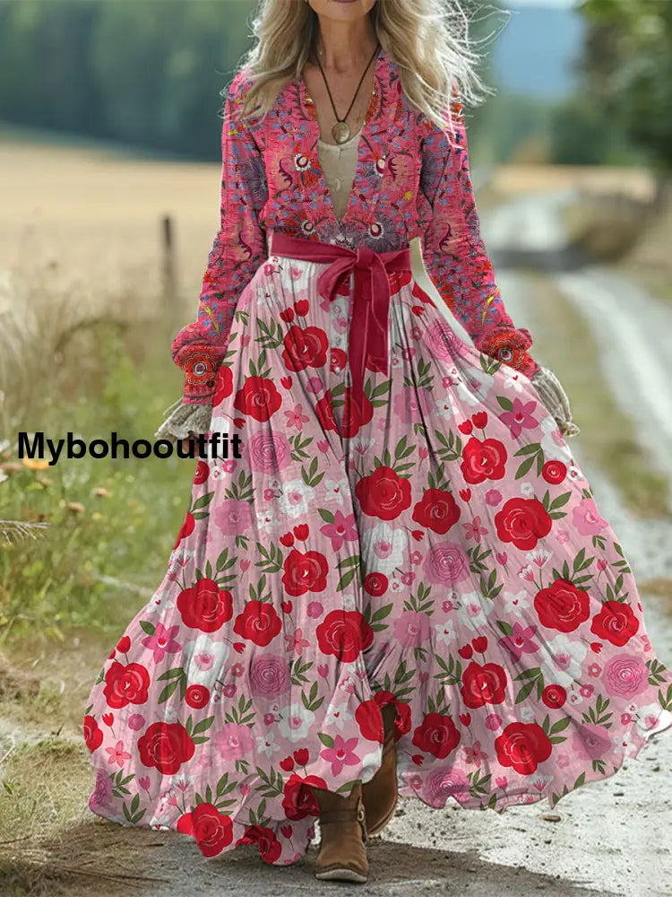 Retro Boho Floral Art Print Vintage Chic Waist Strap V-Neck Cotton Long Sleeve Midi Dress A / S