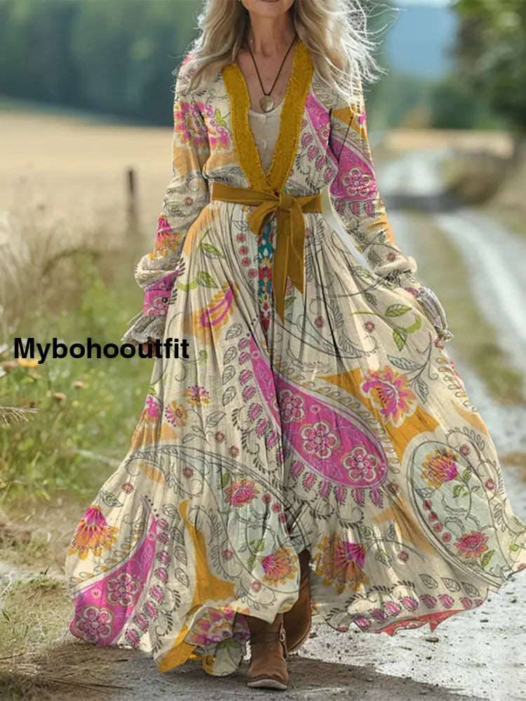 Retro Boho Floral Art Print Vintage Chic Waist Strap V-Neck Cotton Long Sleeve Midi Dress A / S