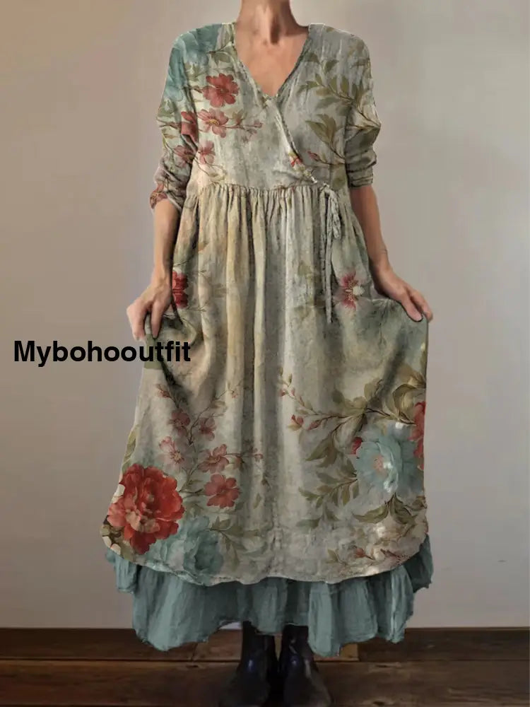 Retro Boho Floral Art Print Vintage V-Neck Double Hemline Cotton Long Sleeve Midi Dress A / S