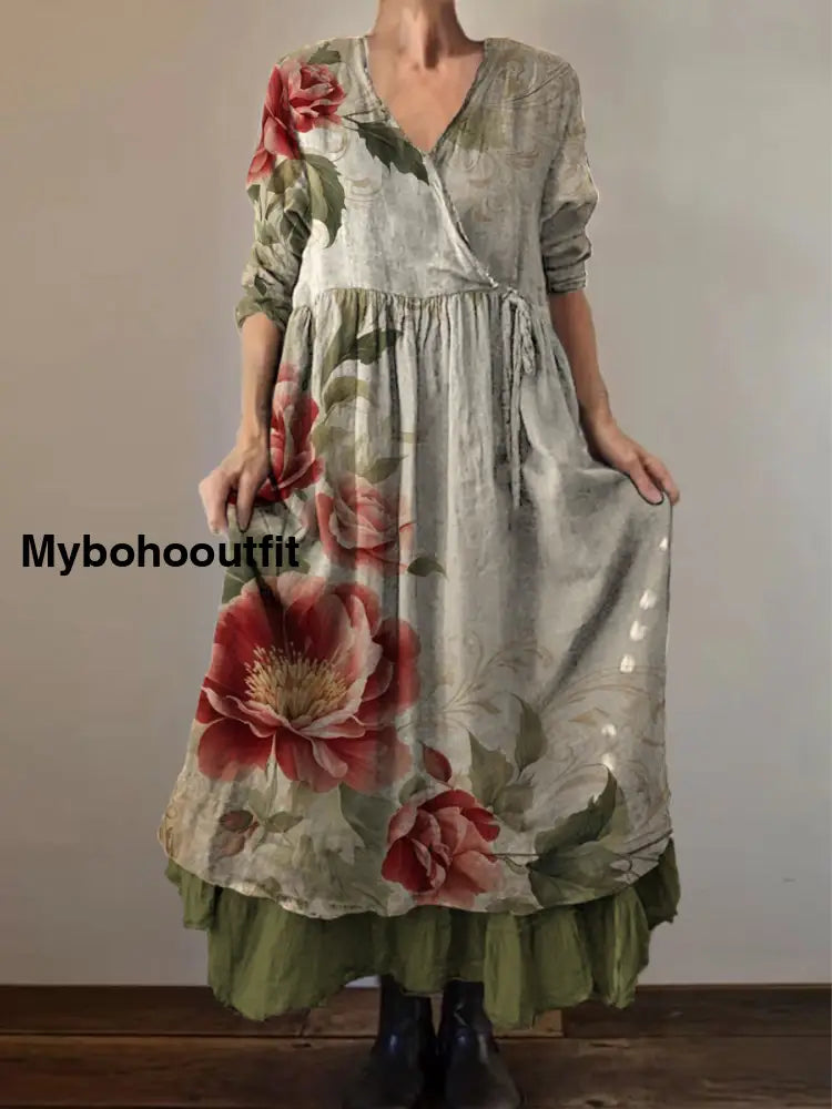 Retro Boho Floral Art Print Vintage V-Neck Double Hemline Cotton Long Sleeve Midi Dress A / S