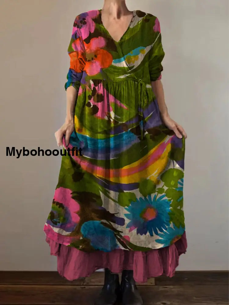 Retro Boho Floral Art Print Vintage V-Neck Double Hemline Cotton Long Sleeve Midi Dress A / S