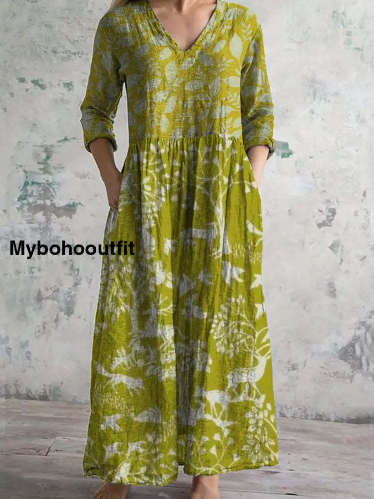 Retro Boho Floral Art Printed V-Neck Vintage Casual Long Sleeve Midi Dress A / S