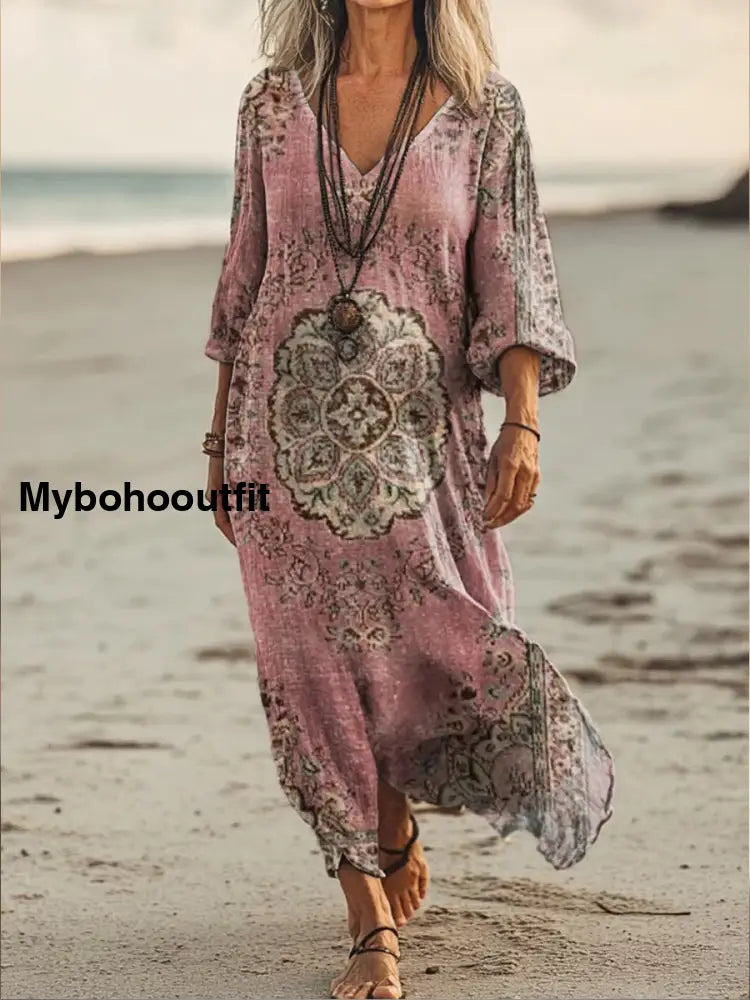 Retro Boho Floral Art Printed V-Neck Vintage Loose Long Sleeves Midi Dress A / S