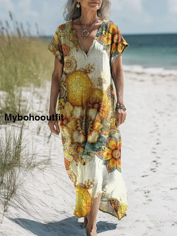 Retro Boho Floral Art Printed V-Neck Vintage Loose Long Sleeves Midi Dress A / S