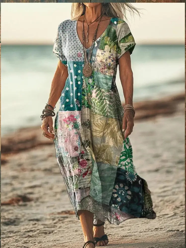 Retro Boho Floral Art Printed V-Neck Vintage Loose Short Sleeves Midi Dress A / S