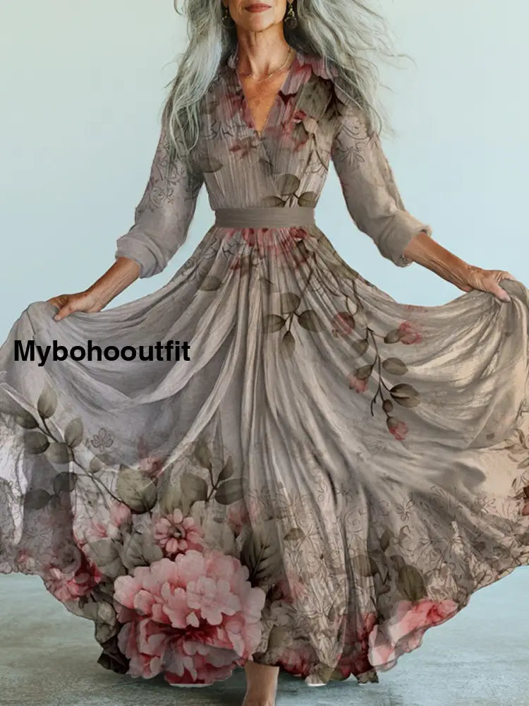 Retro Boho Floral Art Printed Vintage V-Neck Long Sleeves Midi Dress A / S