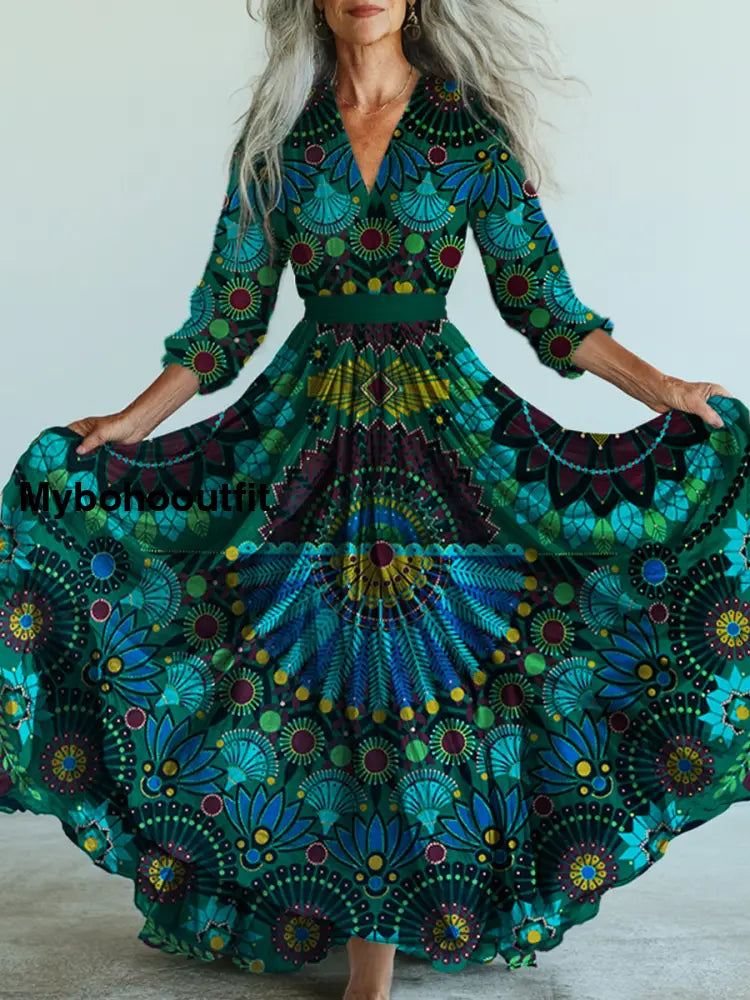 Retro Boho Floral Art Printed Vintage V-Neck Long Sleeves Midi Dress A / S