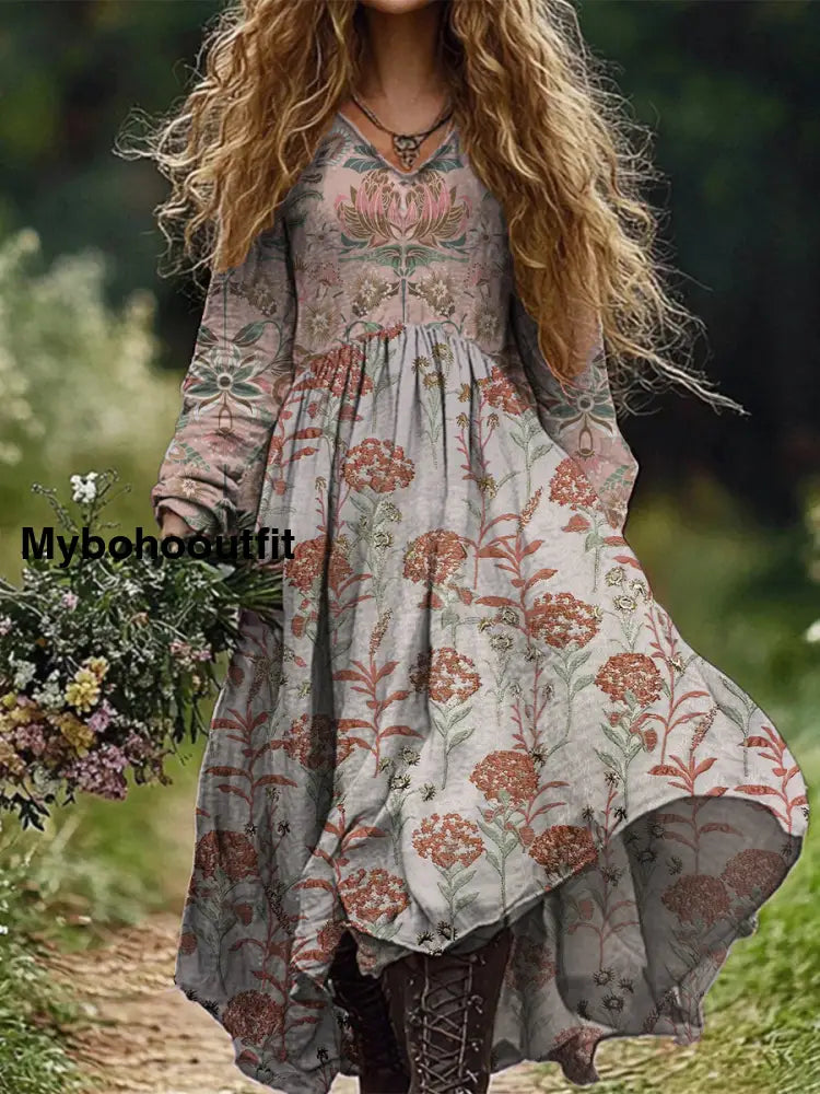 Retro Boho Floral Botany Print Vintage Chic V-Neck Cotton Long Sleeve Midi Dress A / S
