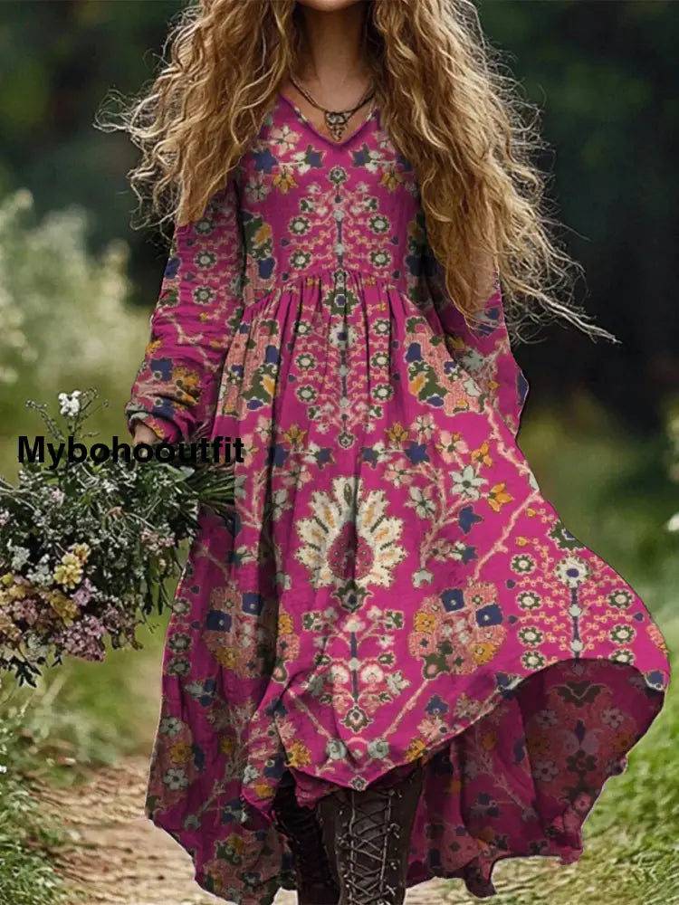 Retro Boho Floral Botany Print Vintage Chic V-Neck Cotton Long Sleeve Midi Dress A / S