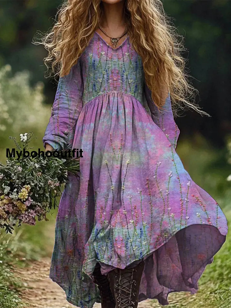 Retro Boho Floral Botany Print Vintage Chic V-Neck Cotton Long Sleeve Midi Dress A / S