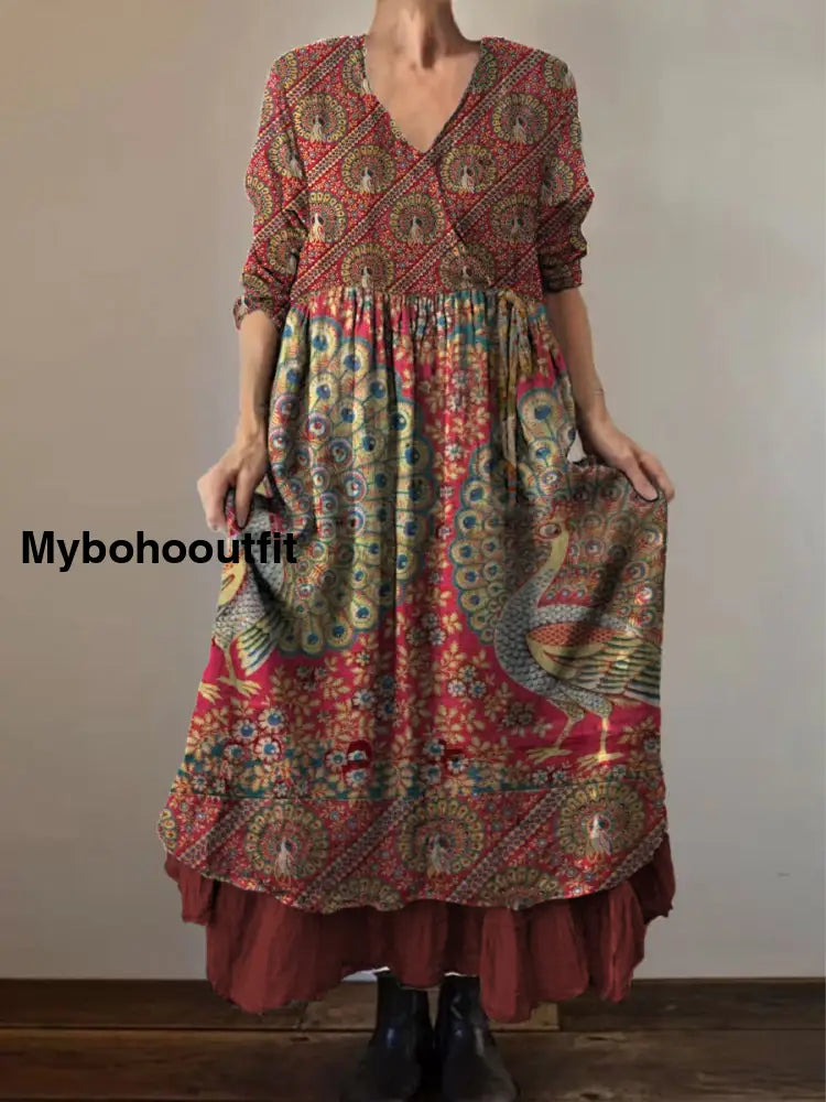 Retro Boho Floral Botany Print Vintage V-Neck Double Hemline Cotton Long Sleeve Midi Dress A / S
