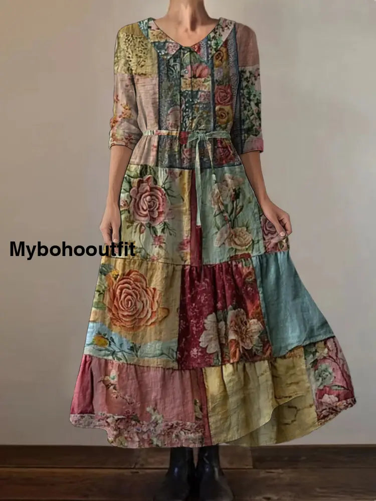 Retro Boho Floral Print Vintage Chic Round Neck Button Long Sleeve Midi Dress A / S