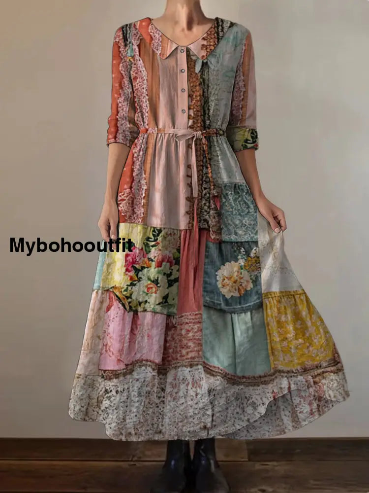 Retro Boho Floral Print Vintage Chic Round Neck Button Long Sleeve Midi Dress A / S