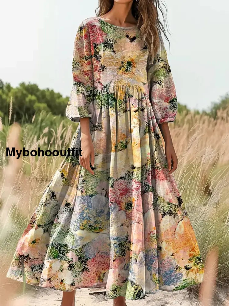 Retro Boho Floral Print Vintage Chic Round Neck Cotton Long Sleeve Midi Dress A / S