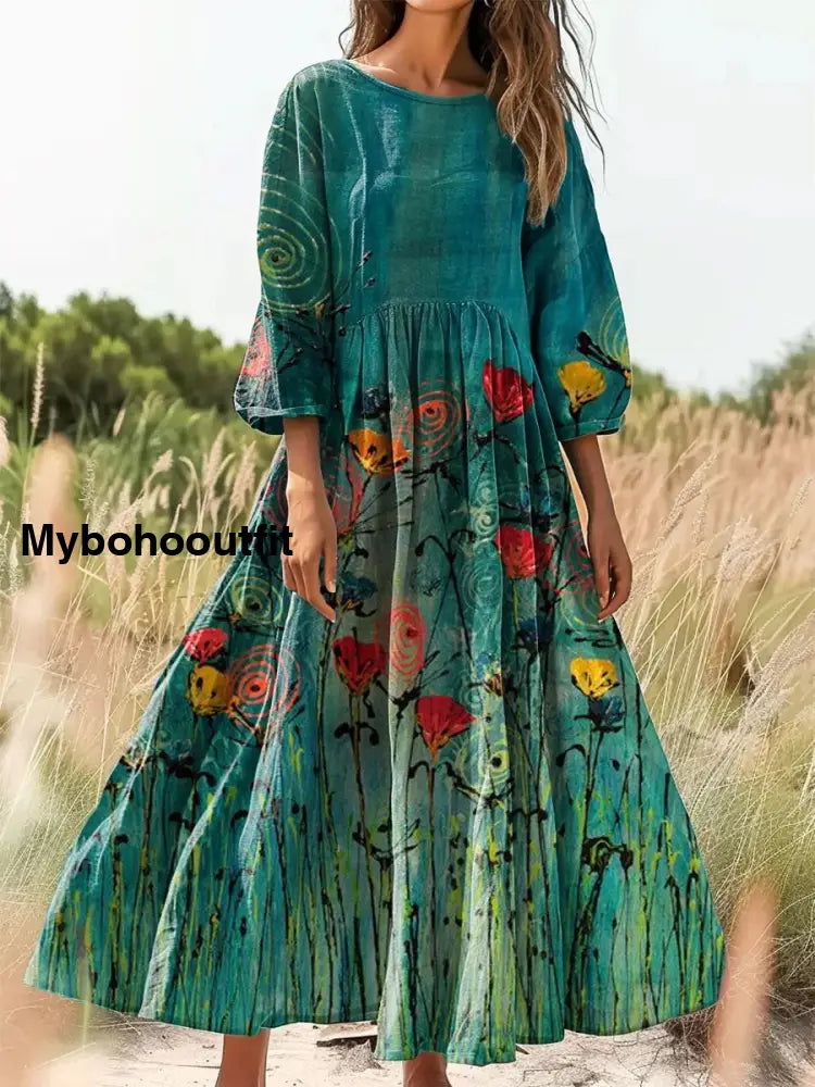 Retro Boho Floral Print Vintage Chic Round Neck Cotton Long Sleeve Midi Dress A / S