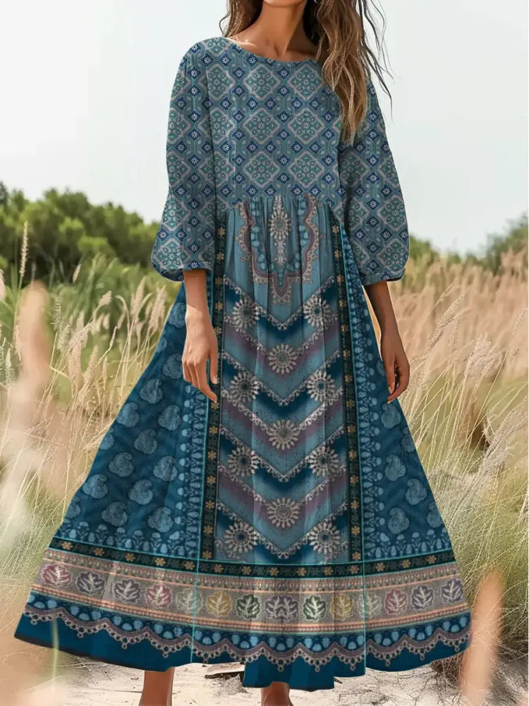 Retro Boho Floral Print Vintage Chic Round Neck Cotton Long Sleeve Midi Dress A / S