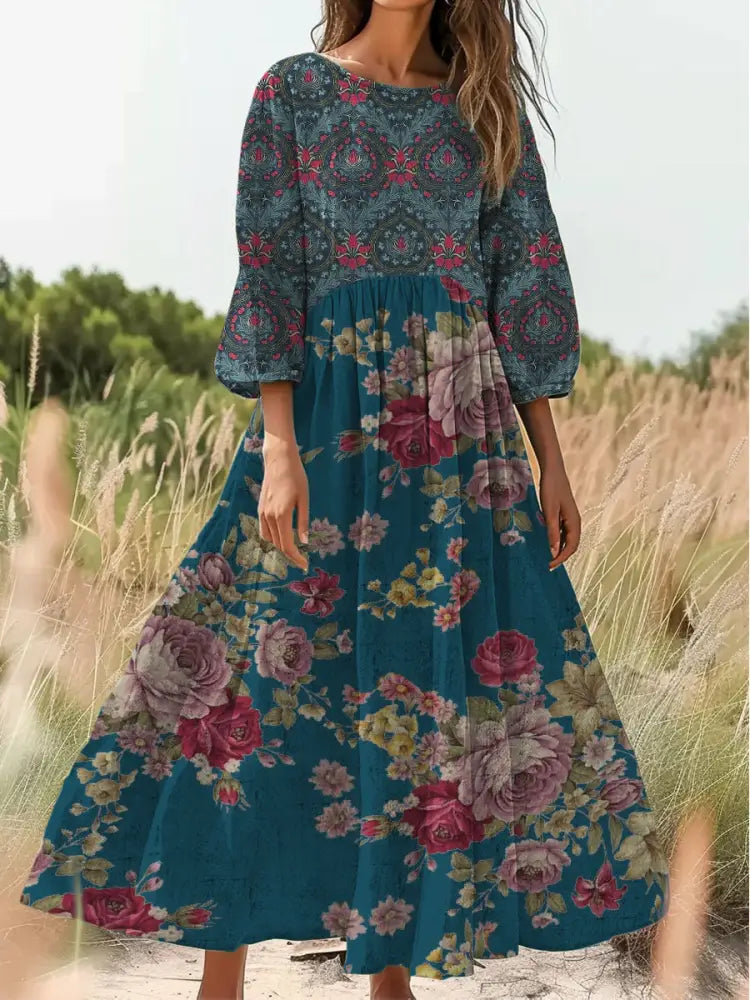 Retro Boho Floral Print Vintage Chic Round Neck Cotton Long Sleeve Midi Dress A / S