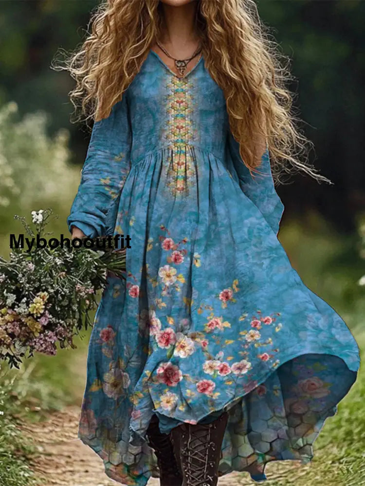 Retro Boho Floral Print Vintage Chic V-Neck Cotton Long Sleeve Midi Dress A / S