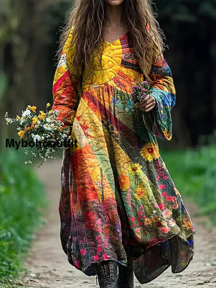 Retro Boho Floral Print Vintage Chic V-Neck Cotton Long Sleeve Midi Dress A / S