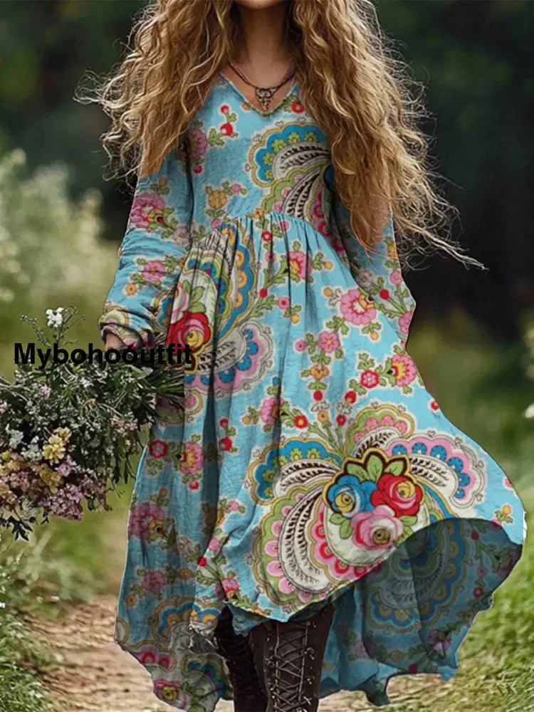 Retro Boho Floral Print Vintage Chic V-Neck Cotton Long Sleeve Midi Dress A / S