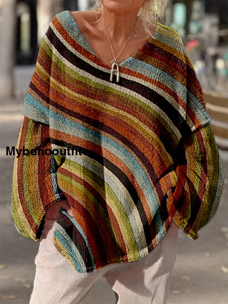 Retro Boho Floral Print Vintage Loose Chic V-Neck Long Sleeve Thick Knit Sweater A / S