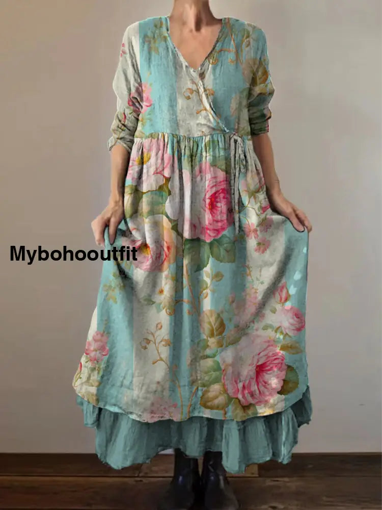 Retro Boho Floral Print Vintage V-Neck Double Hemline Cotton Long Sleeve Midi Dress A / S