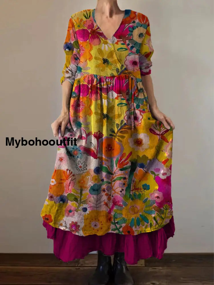 Retro Boho Floral Print Vintage V-Neck Double Hemline Cotton Long Sleeve Midi Dress A / S
