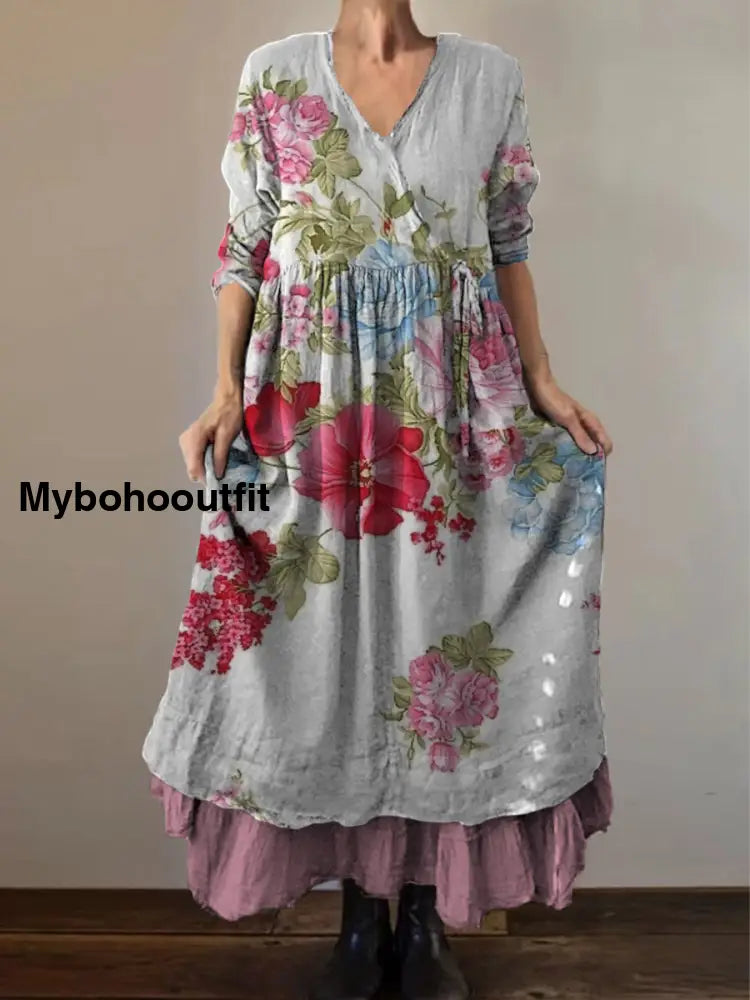 Retro Boho Floral Print Vintage V-Neck Double Hemline Cotton Long Sleeve Midi Dress A / S