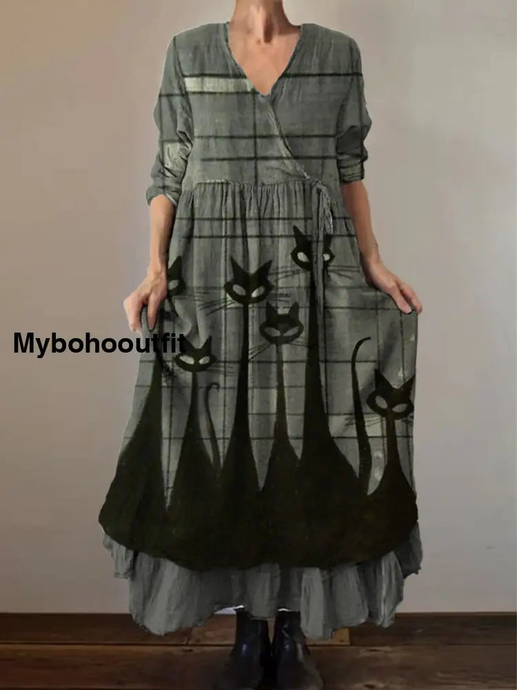 Retro Boho Floral Print Vintage V-Neck Double Hemline Cotton Long Sleeve Midi Dress A / S
