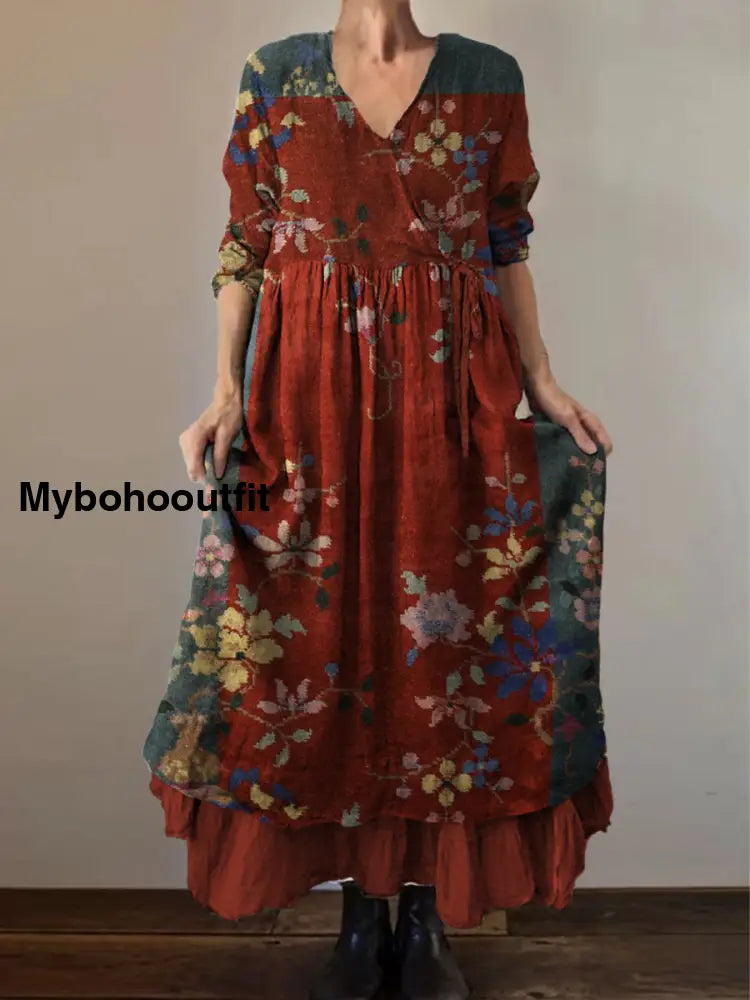 Retro Boho Floral Print Vintage V-Neck Double Hemline Cotton Long Sleeve Midi Dress A / S