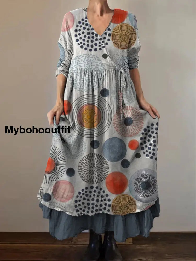Retro Boho Floral Print Vintage V-Neck Double Hemline Cotton Long Sleeve Midi Dress A / S